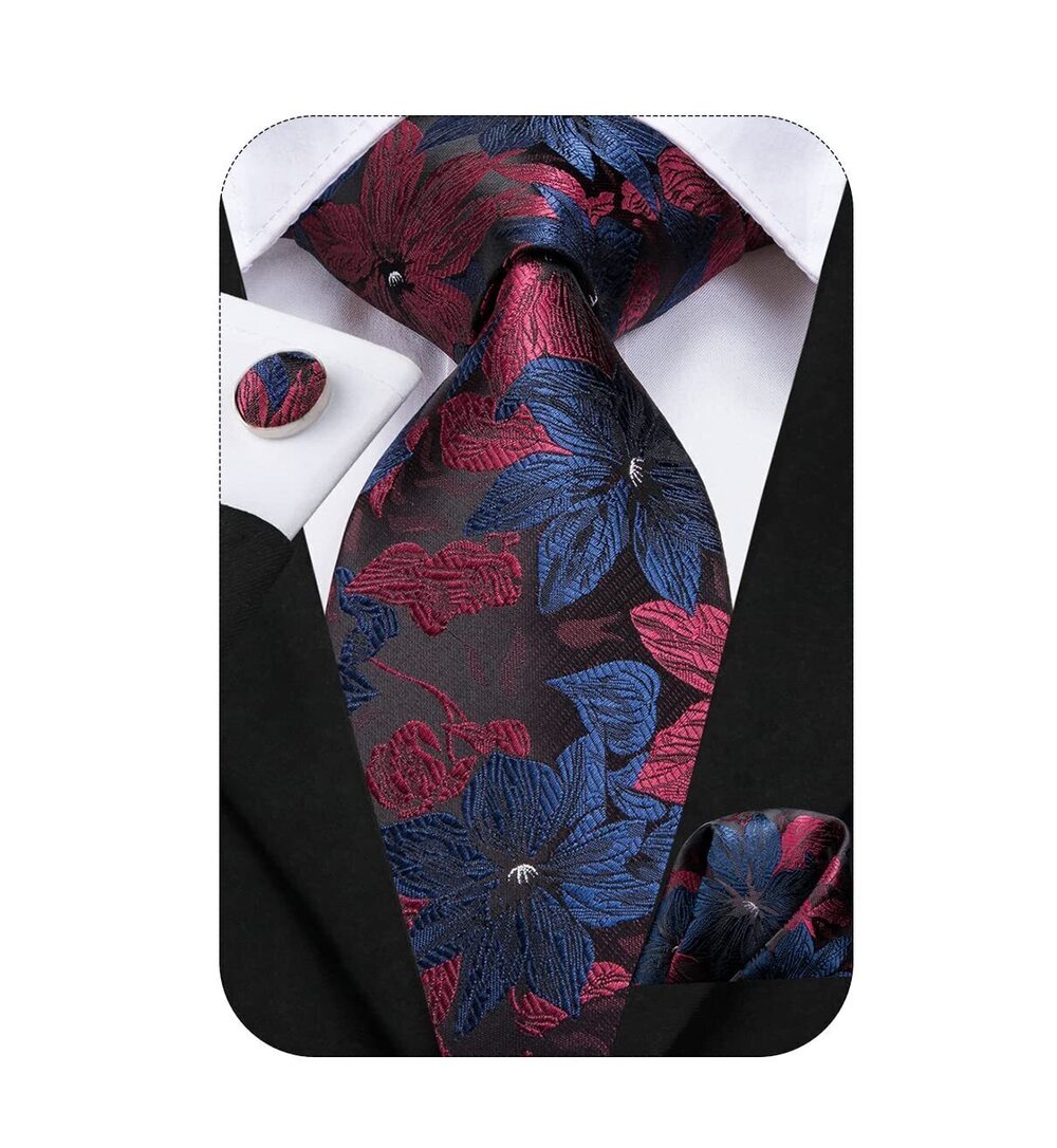 6021 63''Navy Burgundy 's Ties Set Silk Floral Ties Dress Necktie